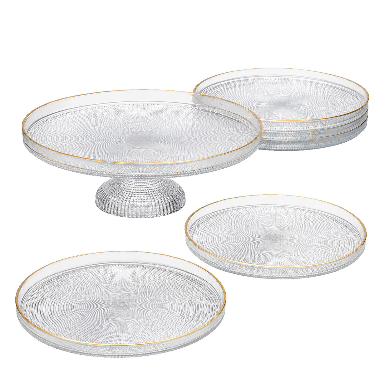 Fecra Loren 7 Piece Glass Serveware 21Cm Plates Set With Cake Stand Gold