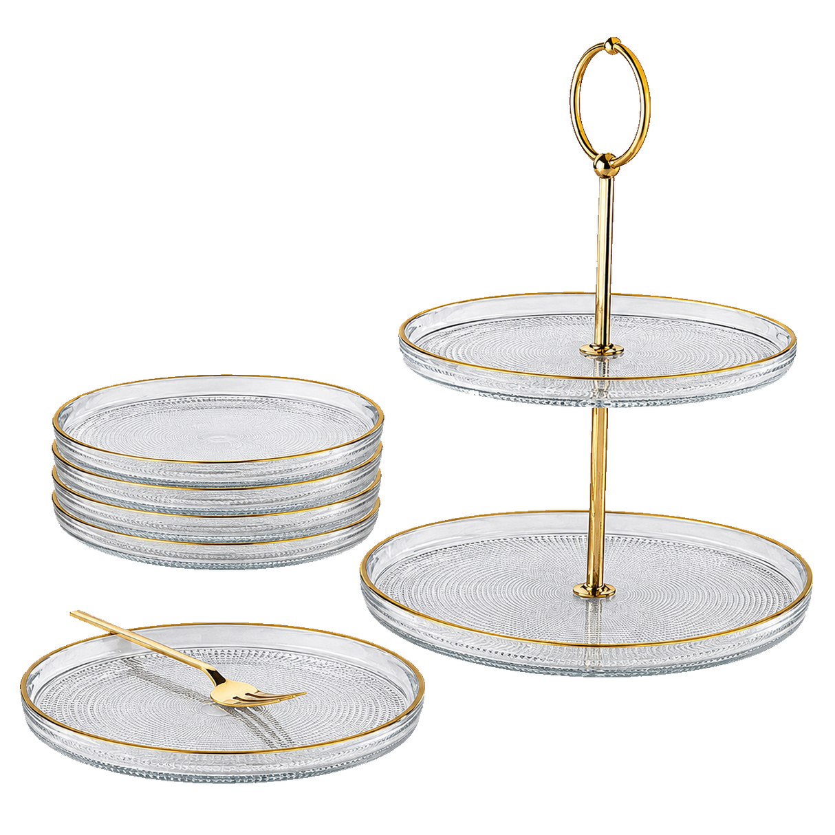 Fecra Loren 7 Piece Glass Serveware 16Cm Plates Set With Tiered Cake Stand Gold