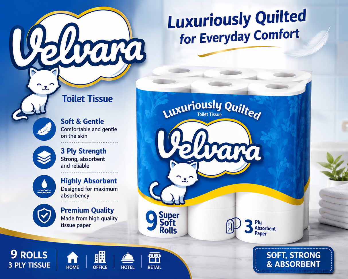 Velvara Toilet Tissue 3PLY 9 Rolls (80GR) (Pack of 5)