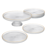 Fecra Loren 7 Piece Glass Serveware 21Cm Plates Set With Cake Stand Gold